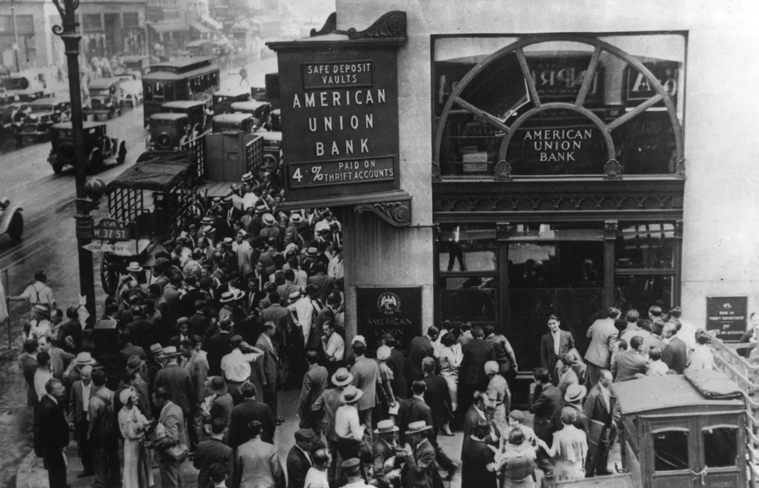 A black and white photo of a large crowd gathered outside American Union Bank during the Wall Street Crash. Test your trivia knowledge!
