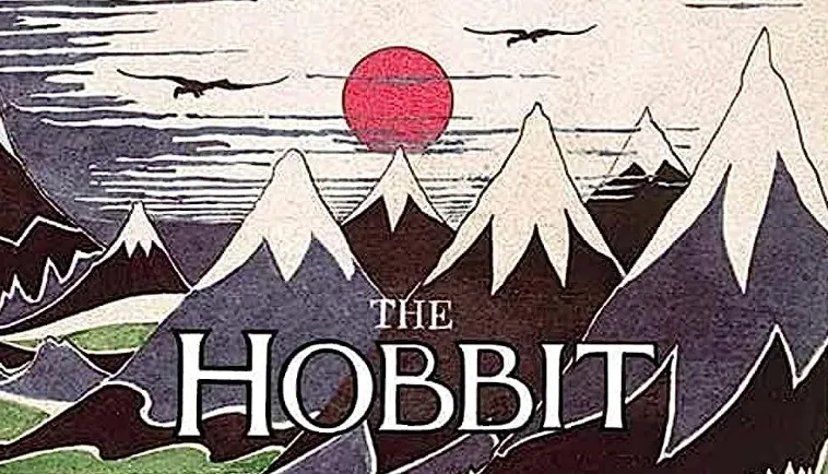 The Hobbit book cover with mountains, a red sun, birds flying, and the title. Trivia night questions about Tolkien.