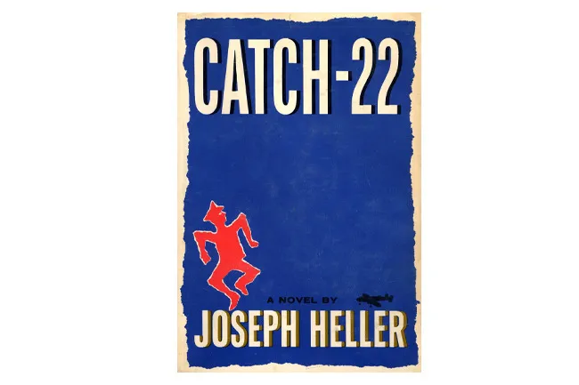 Catch-22 book cover. A classic novel to reread, featuring a red figure and airplane on a blue background.
