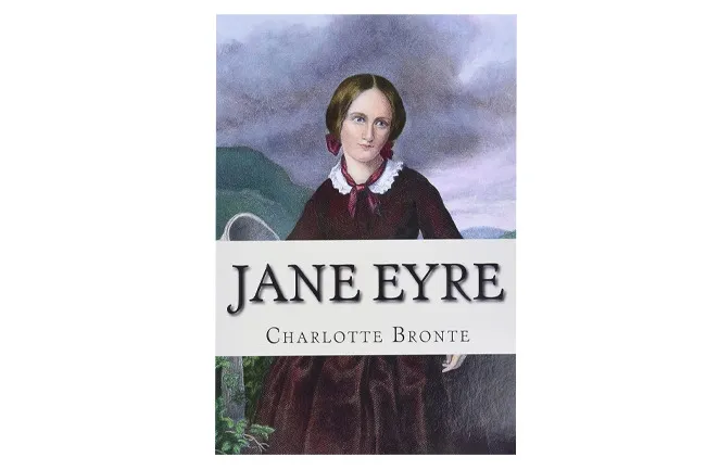 Jane Eyre book cover, a classic novel to reread. Features a painting of a woman with brown hair and a dark dress.