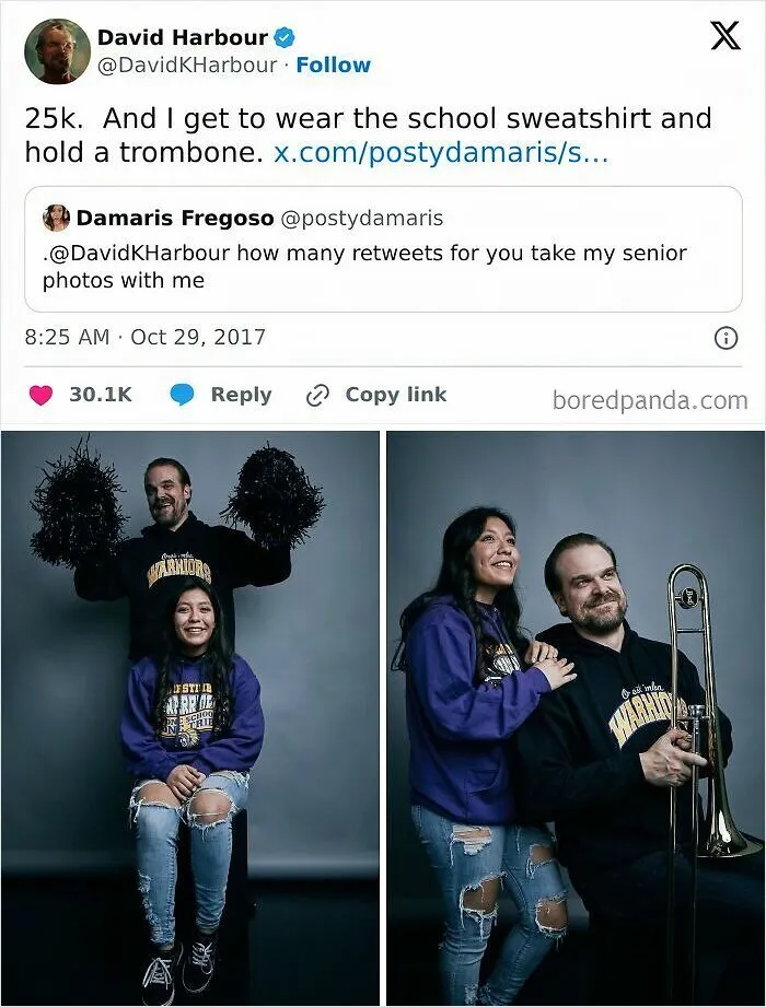 A Fan Asked David Harbour On Twitter If He Could Join Her Yearbook Photoshoot. He Said He'll Do It For 20k Retweets. Well... Mission Accomplished