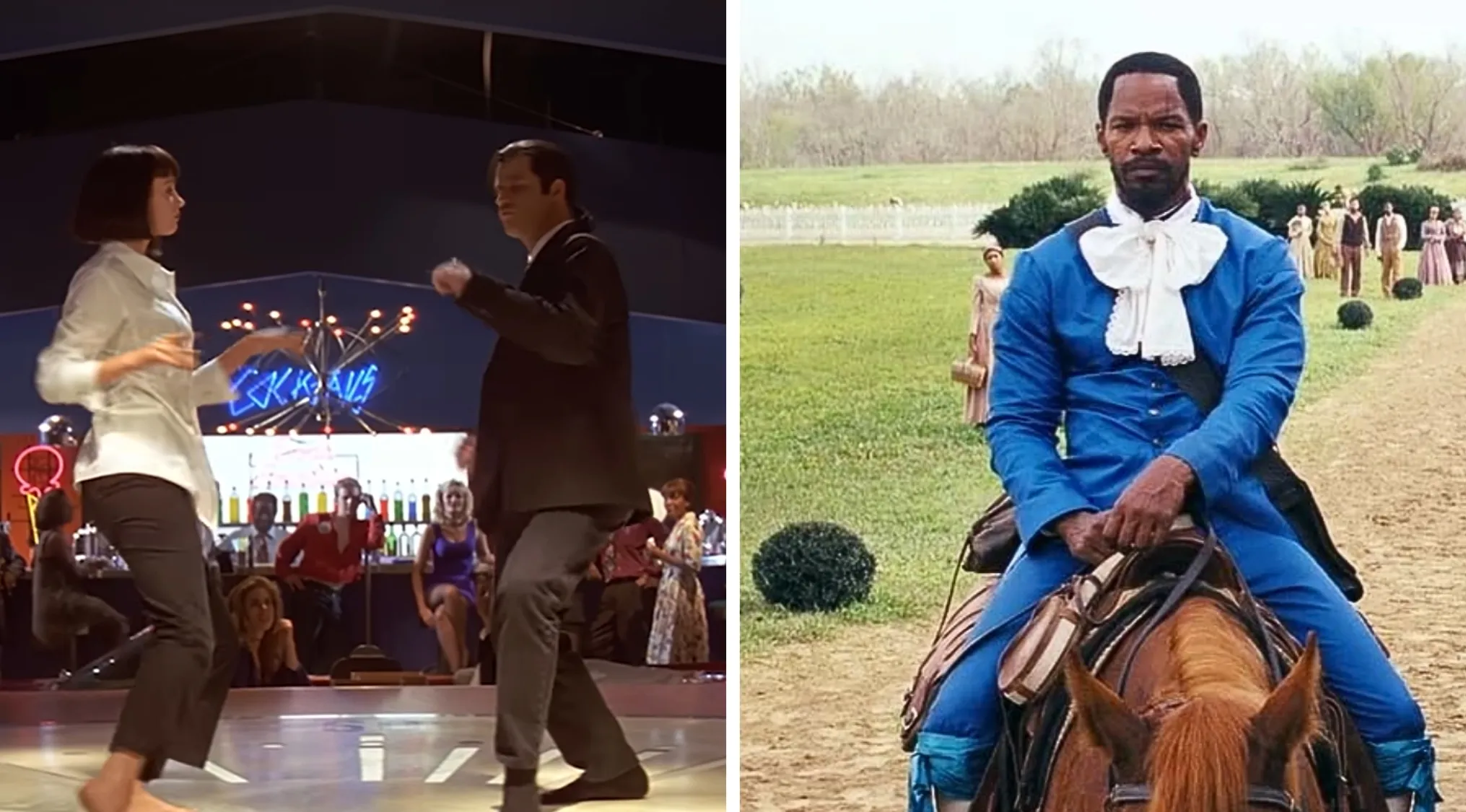 A movie quiz visual: Pulp Fiction's Uma Thurman and John Travolta dancing, beside Jamie Foxx riding a horse in Django Unchained.
