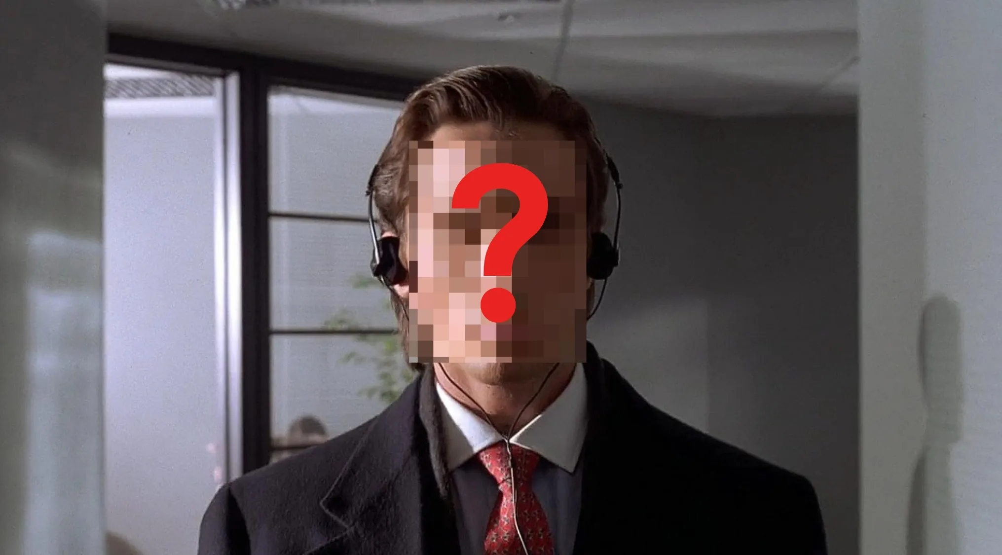 Pixelated Patrick Bateman from American Psycho with a question mark on his face, wearing headphones and a suit. Movie Quiz clue.