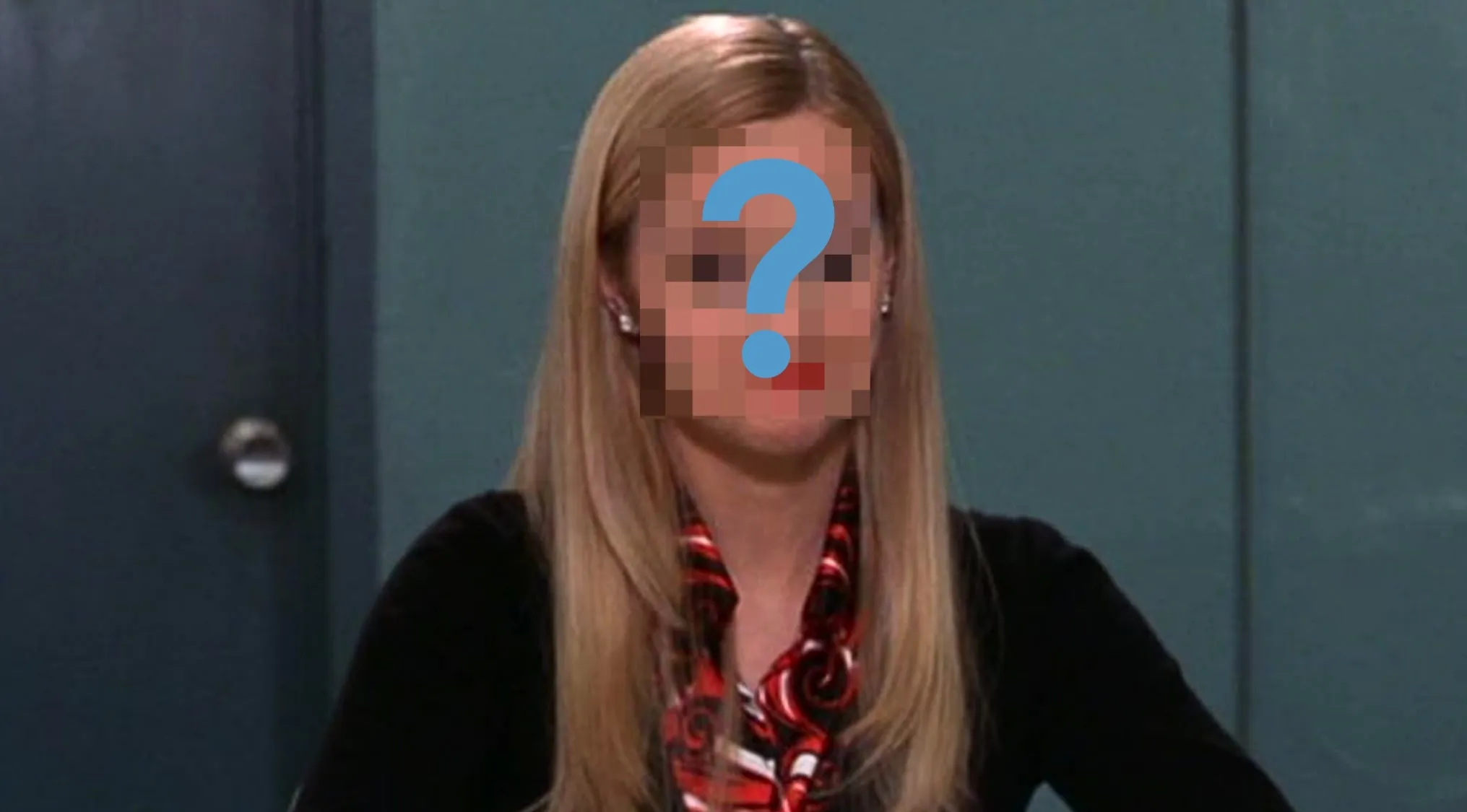 Movie quiz image: Elle Woods character with blurred face, question mark, and blonde hair. Guess who played Elle Woods!
