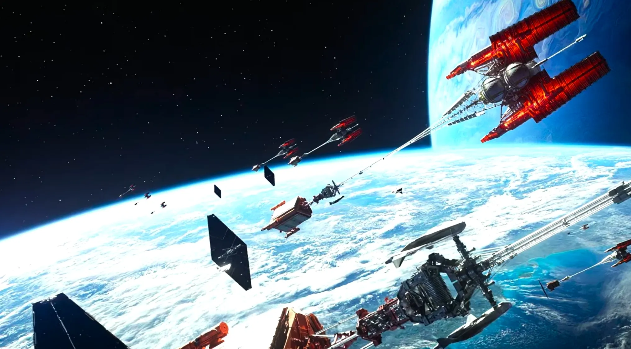 Spaceships flying above a planet, possibly Pandora, in a movie quiz scene. The ultimate movie quiz continues.