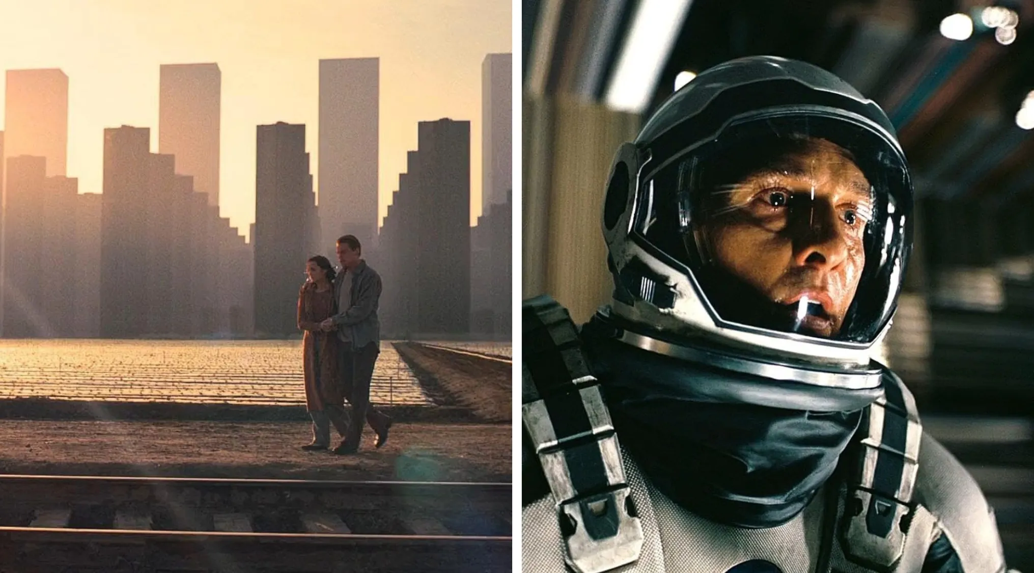 Movie Quiz: Split image showing a couple walking with a city skyline in the background, and an astronaut in a helmet.