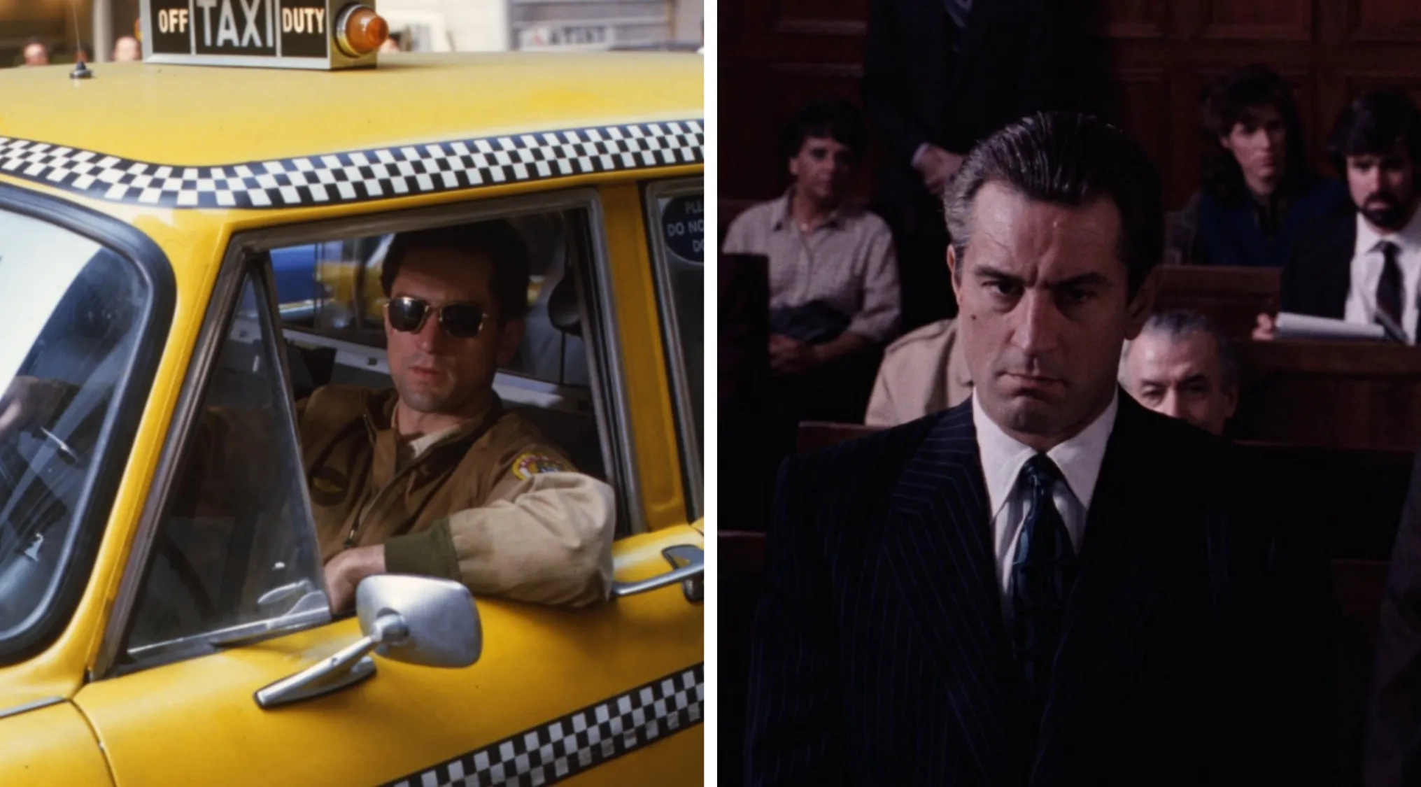 A split image from a movie quiz. Left: Robert De Niro as Travis Bickle in Taxi Driver. Right: De Niro in Goodfellas.