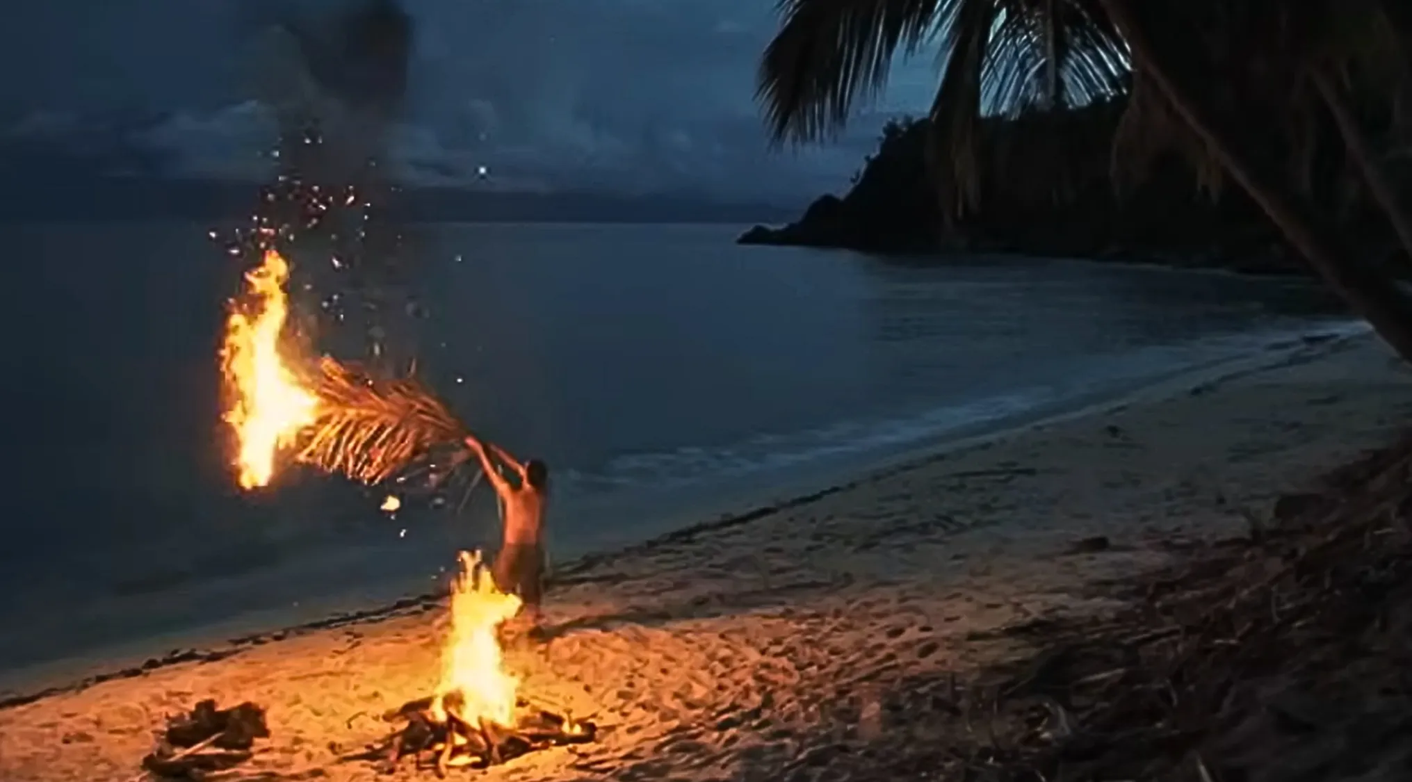 A person on a dark beach uses a burning palm frond to tend a bonfire. Movie quiz scene.