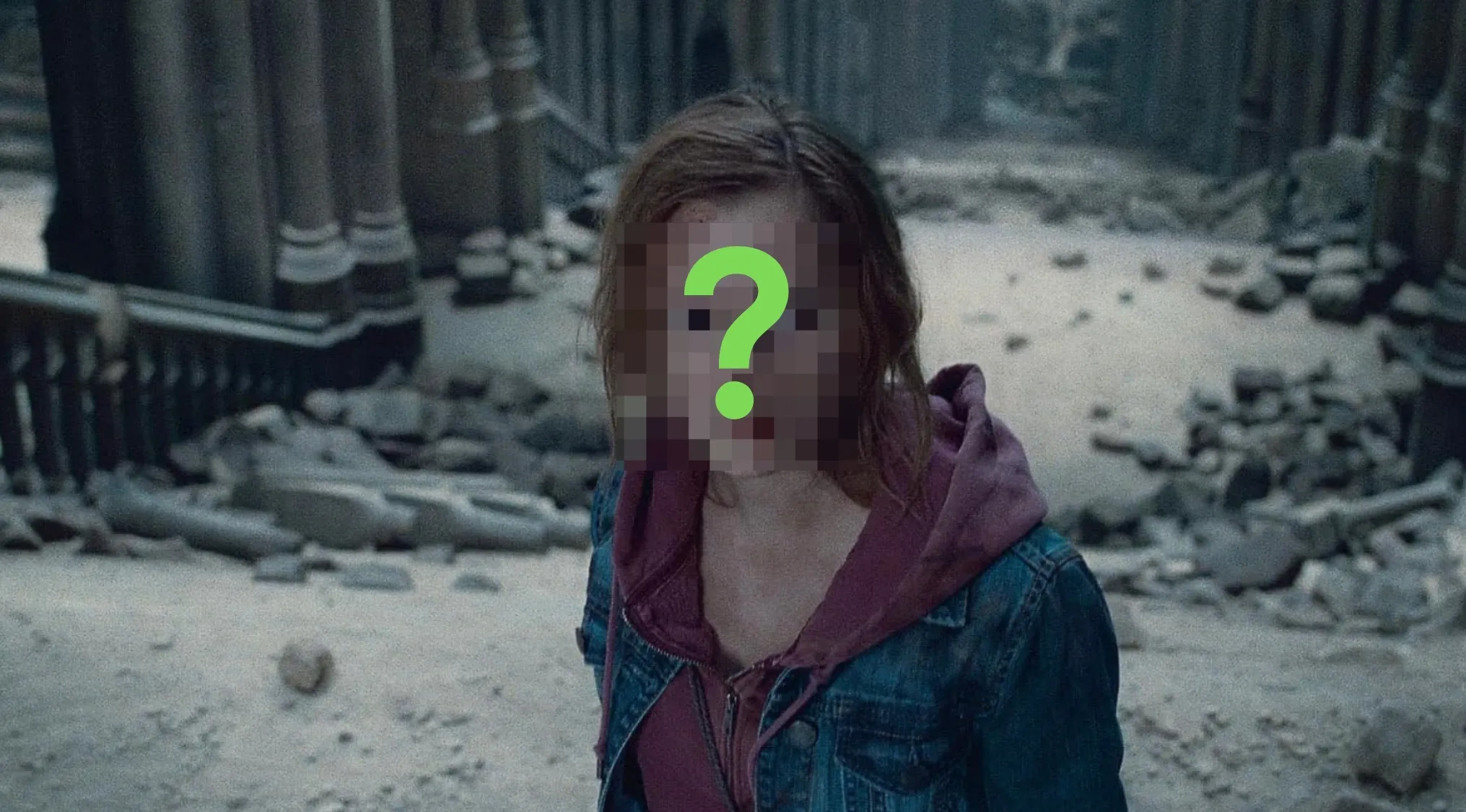 A blurry image of Hermione in the Harry Potter film series with a question mark on her face for the movie quiz.
