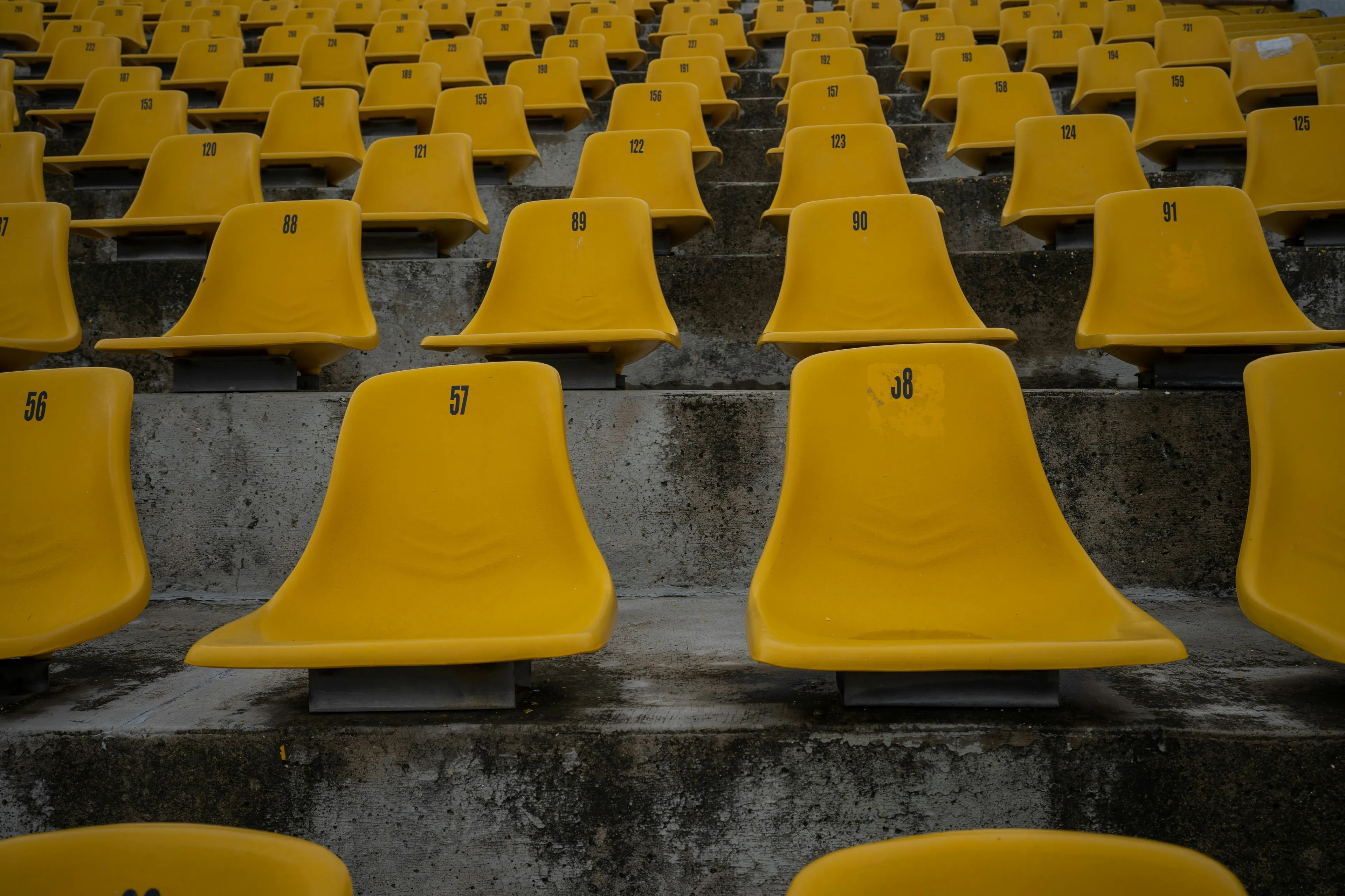 Rows of empty yellow stadium seats on concrete steps. A visual metaphor for feelings of rejection or being alone.