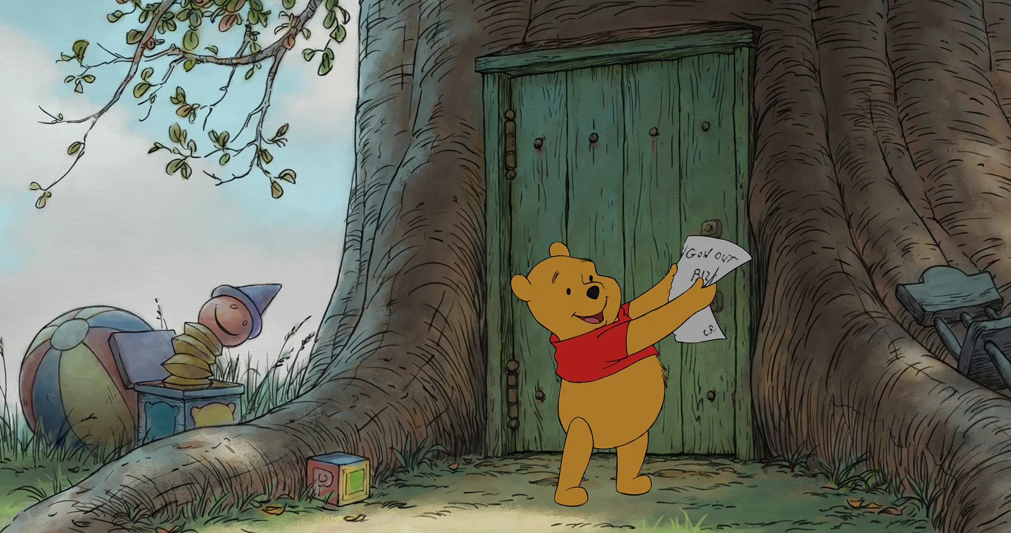 Winnie-the-Pooh, in his iconic red shirt, joyfully holds a note saying "GON OUT BIZI" near a tree trunk house.