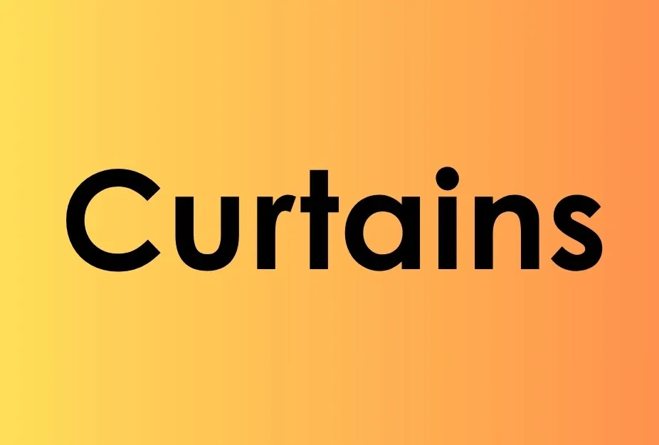 The word "Curtains" in bold black text on an orange and yellow gradient background, highlighting home decor.