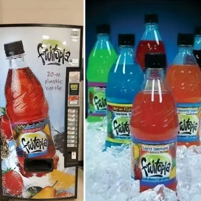 A Fruitopia vending machine next to colorful Fruitopia bottles on ice. This image takes a trip down memory lane.