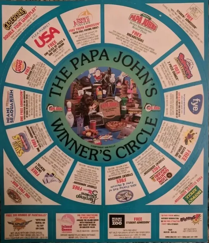 A Papa Johns Winner's Circle game board, with coupons for various attractions, sparking a trip down memory lane.