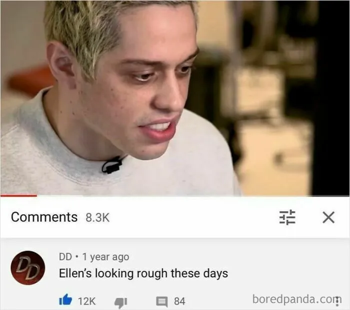 A man, identified as Pete Davidson, looks on screen. Below, a comment says Ellen's looking rough. A rare burn.