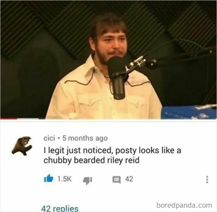 Post Malone in a white shirt and a mic, looking surprised, below a comment that burns so hard people don't know how to respond.