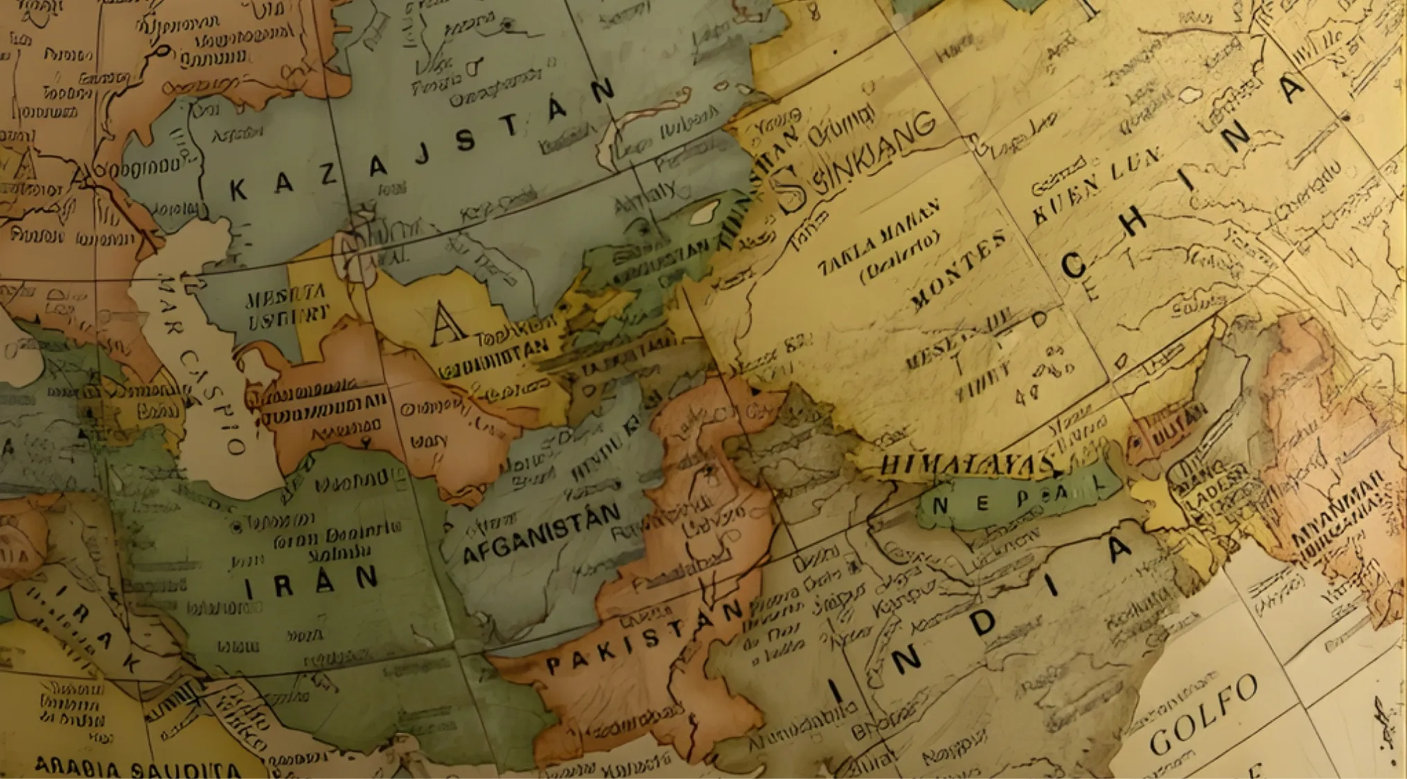 An antique-style map showing Asia, featuring countries like Kazakhstan, China, India, and Iran. General Knowledge.