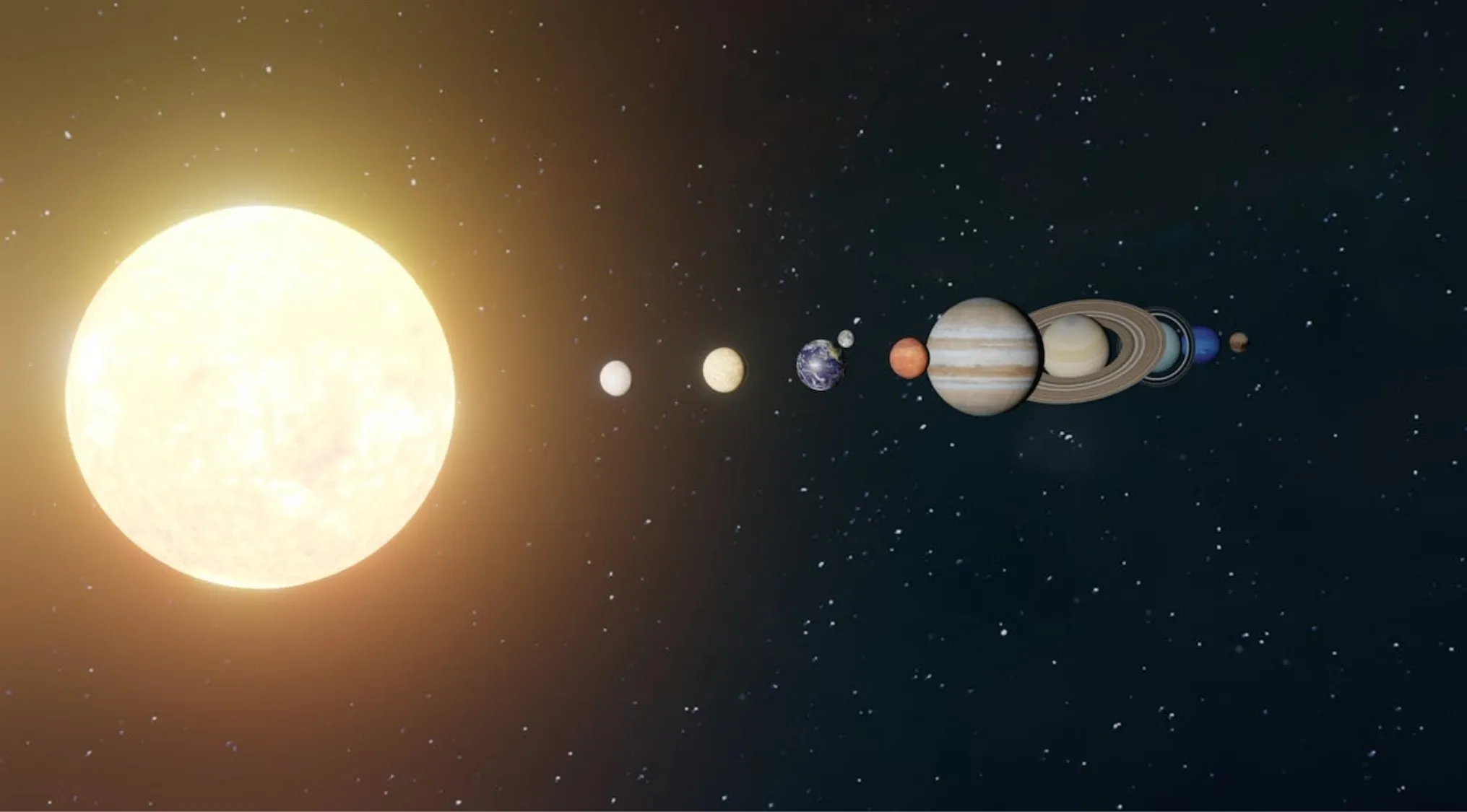 The sun and planets of our solar system aligned against a starry dark sky. General Knowledge of the smallest planet.
