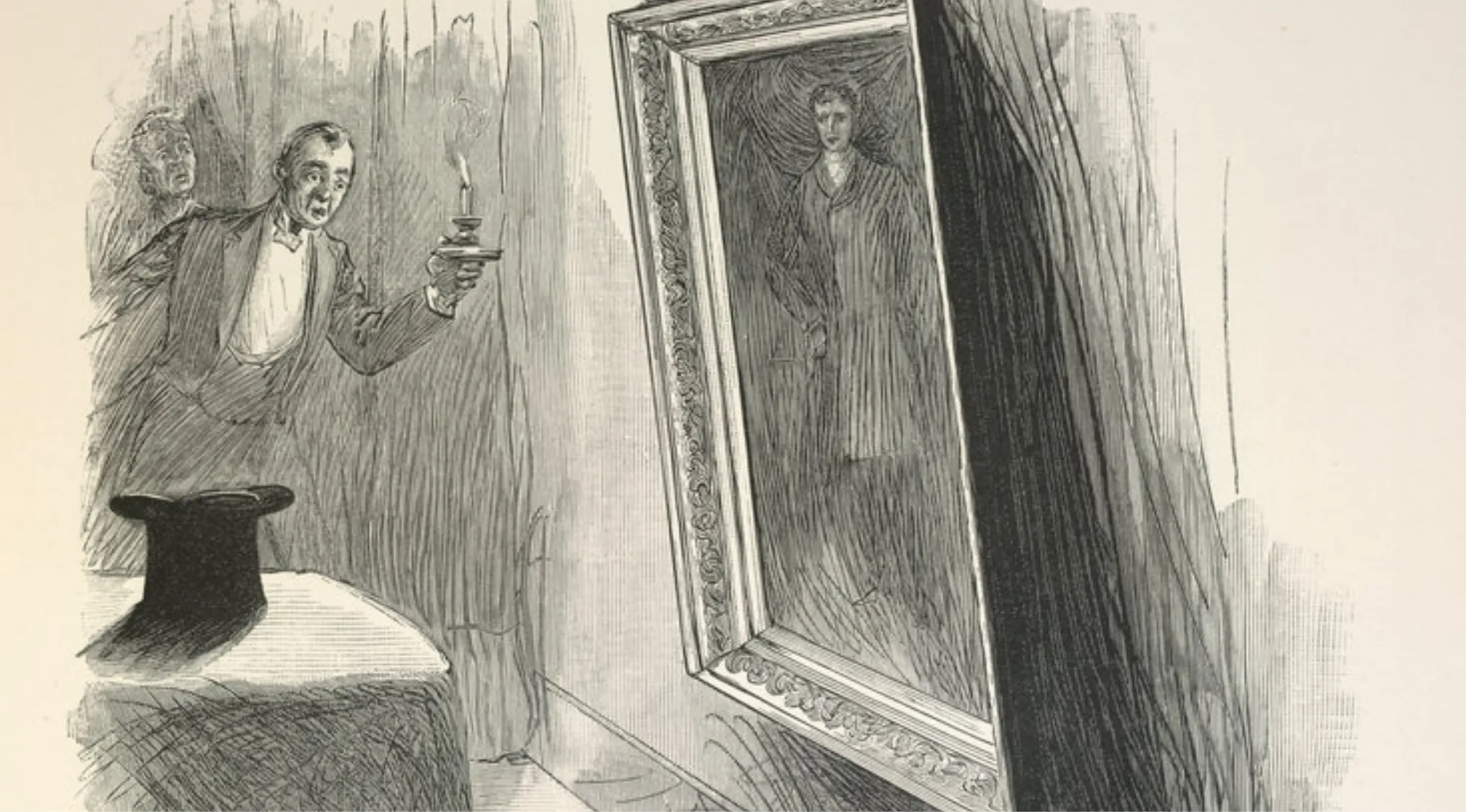 An illustration showing a man with a candle looking at a portrait, a question on General Knowledge - Oscar Wilde.