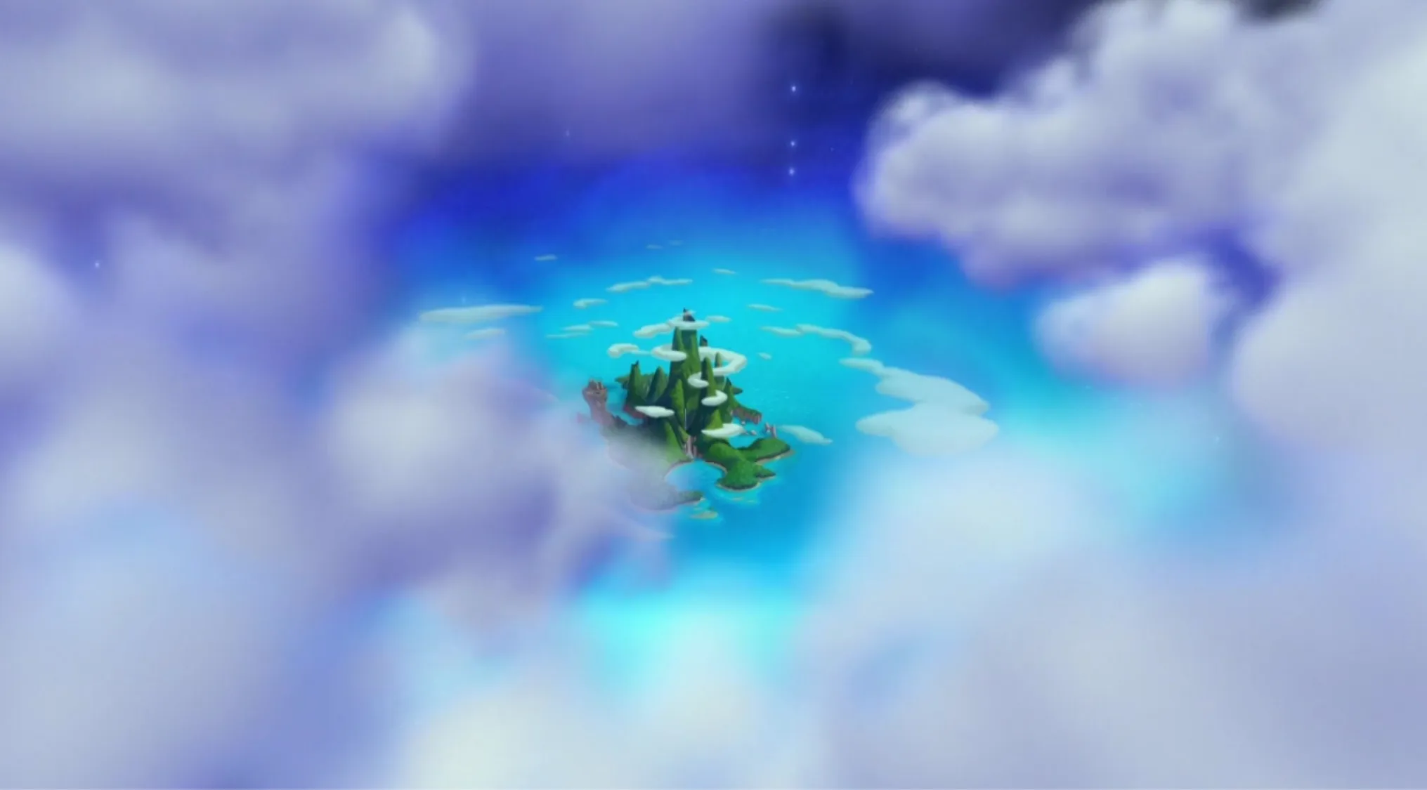 An aerial view of the fictional character's home, Neverland, a lush green island floating among soft white clouds. General Knowledge.