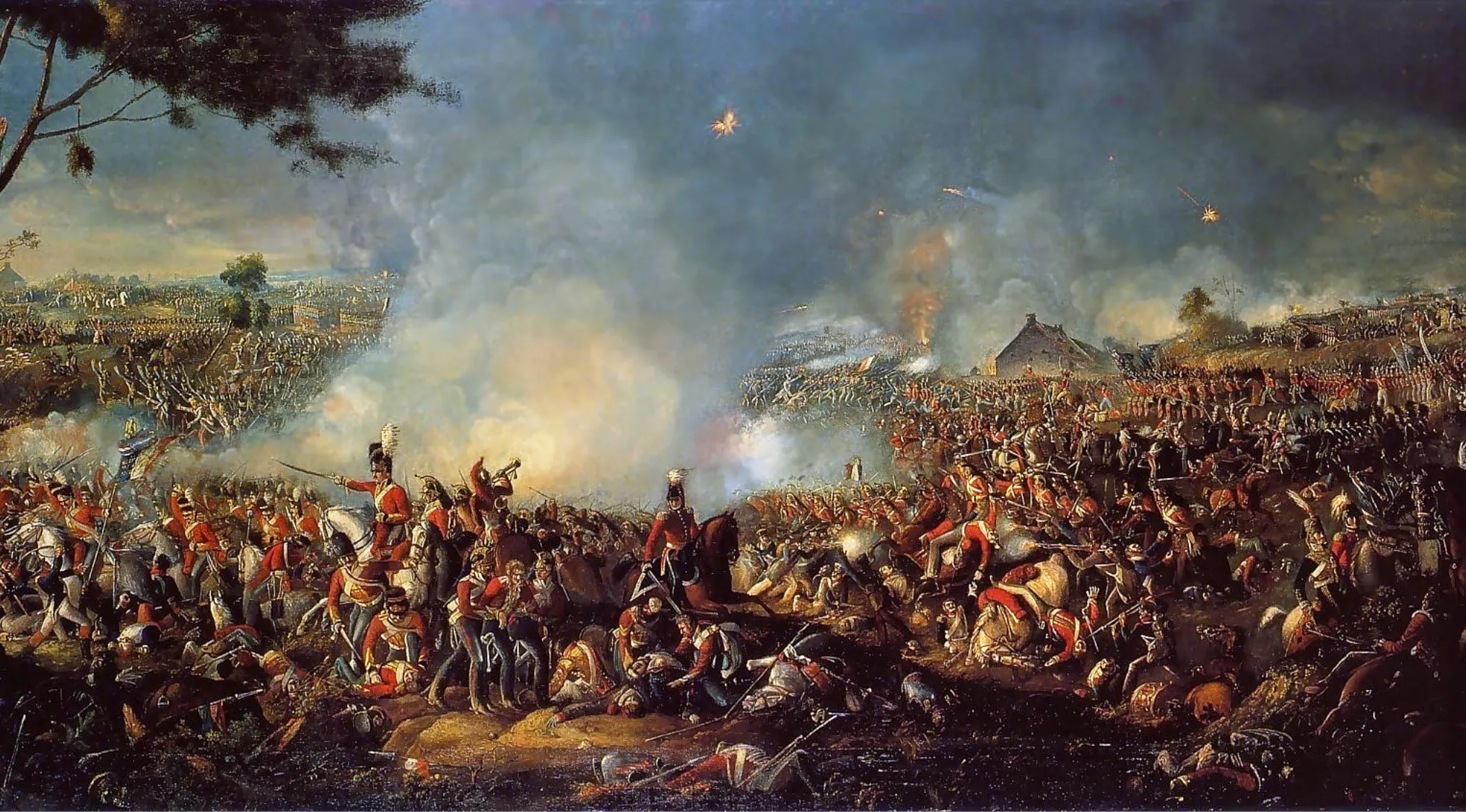A dramatic painting depicting the Battle of Waterloo with soldiers fighting amidst smoke and chaos. Test your General Knowledge!