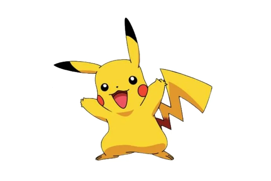 An animated Pikachu, yellow with red cheeks and black-tipped ears, posing happily. What is the color of Pikachu's tail?