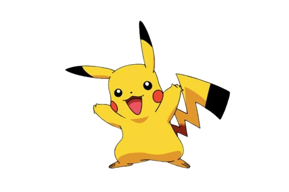 A cheerful Pikachu character, with its iconic yellow body, red cheeks, and zig-zag tail, against a white background. What is the color of Pikachu's tail?