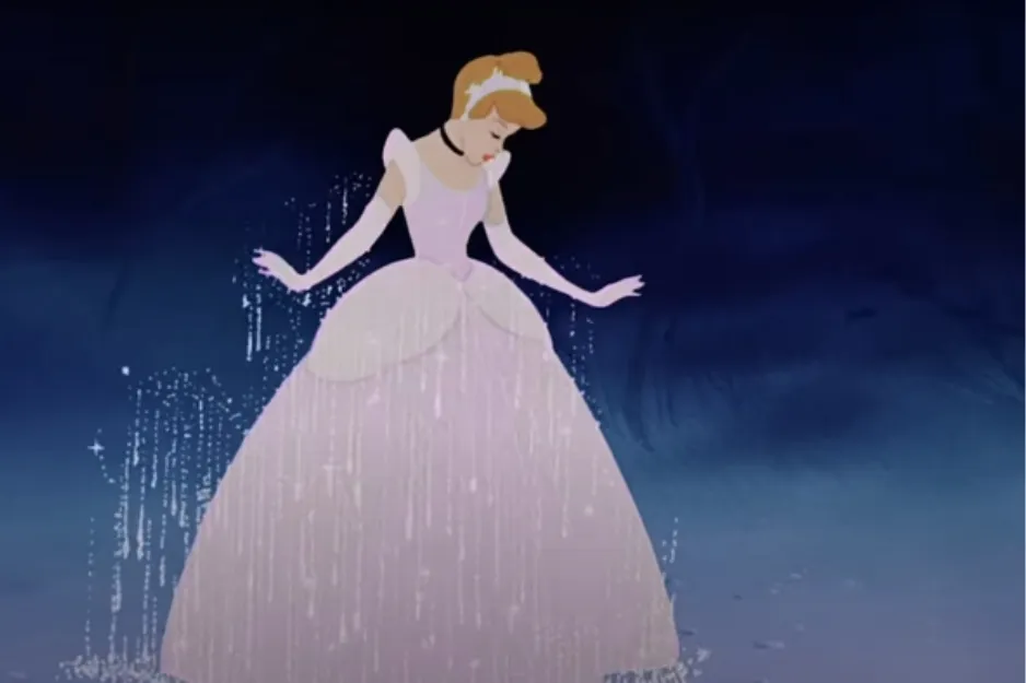 Cinderella's dress transforming from rags to a beautiful gown, shimmering with magic. What is the real color of Cinderella's dress?