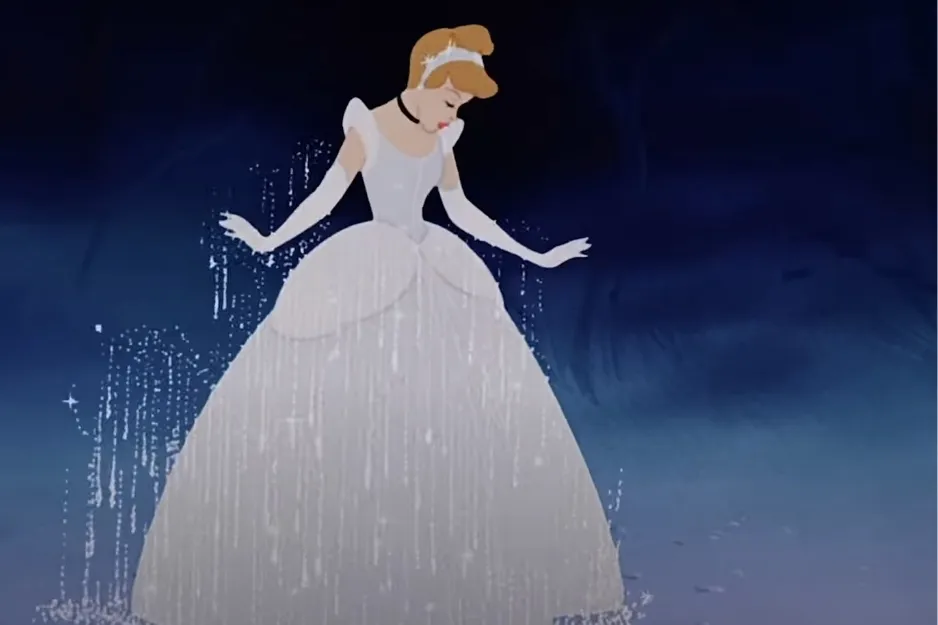 Cinderella in her iconic dress, shimmering with magic against a dark blue background. What color is Cinderella's dress?
