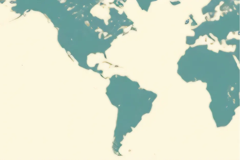 A simplified world map showing continents in teal on a cream background, focusing on South America.