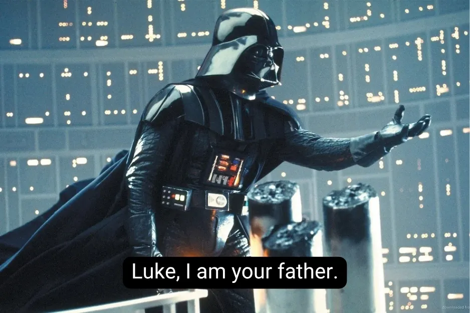Darth Vader in The Empire Strikes Back, extending his hand, with the famous line displayed at the bottom.