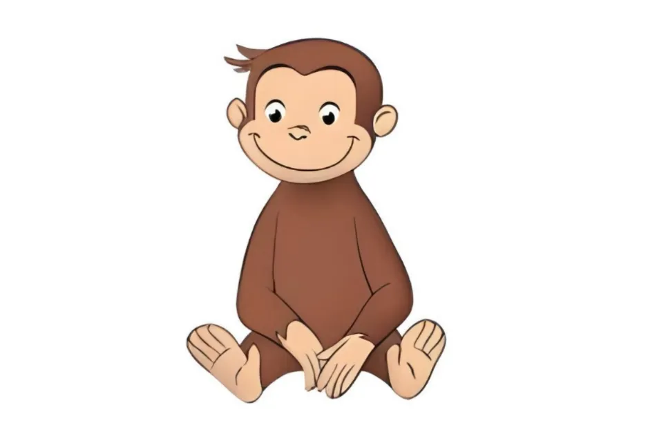 An illustration of Curious George sitting and smiling, on a white background, without a visible tail. Does Curious George have a tail?