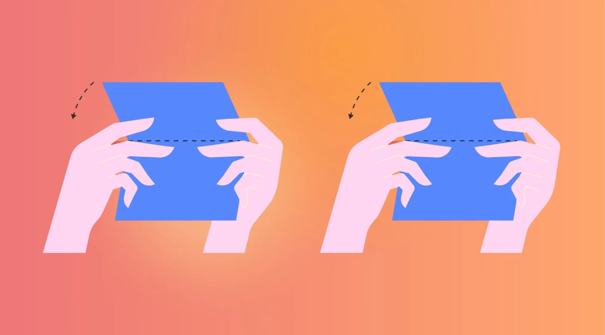 Rebus quiz image showing two pairs of hands folding a blue paper. A dotted line and arrow indicate the fold.