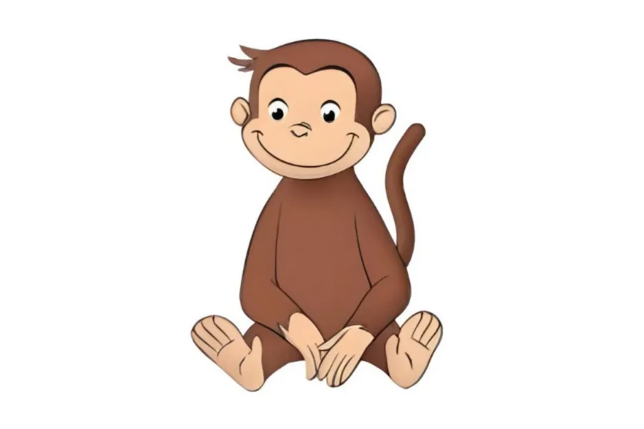 Curious George with a tail, sitting and smiling. This image illustrates the question of whether Curious George has a tail.