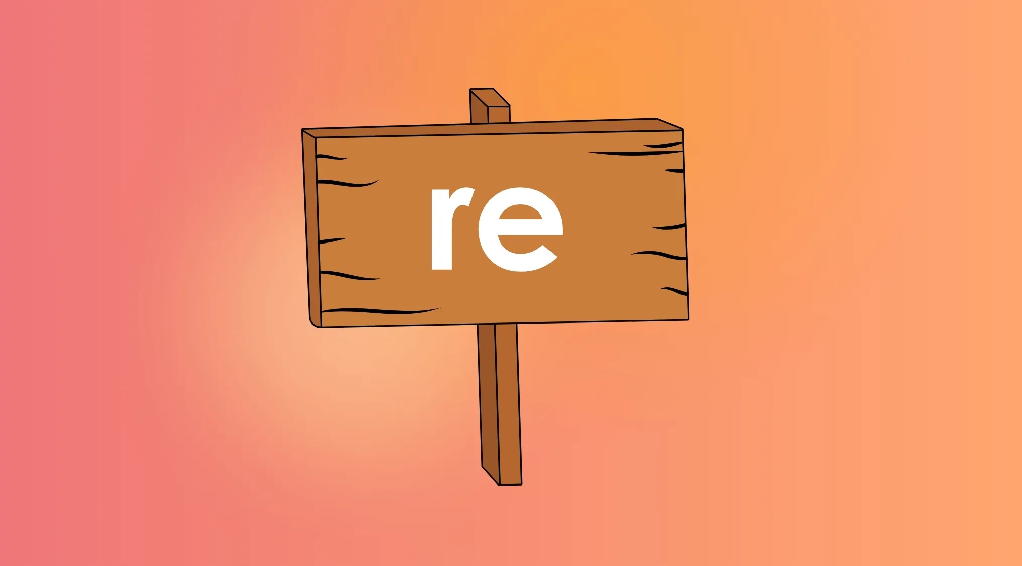 A wooden sign with the letters re in white on a gradient orange and pink background for a rebus quiz.