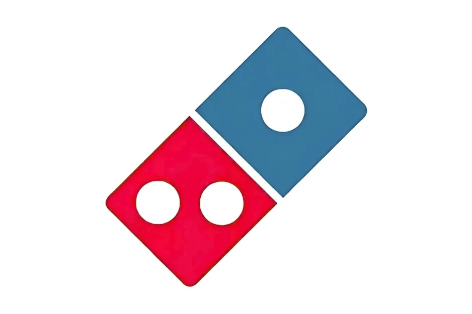 Domino's Pizza logo, featuring two domino tiles: one blue with a single white dot, and one red with two white dots.