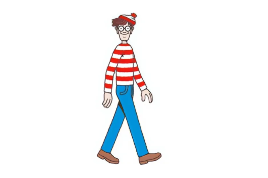 Wally (Waldo) cartoon character walking, wearing striped shirt, blue jeans, glasses and a bobble hat. He does not carry a walking stick.