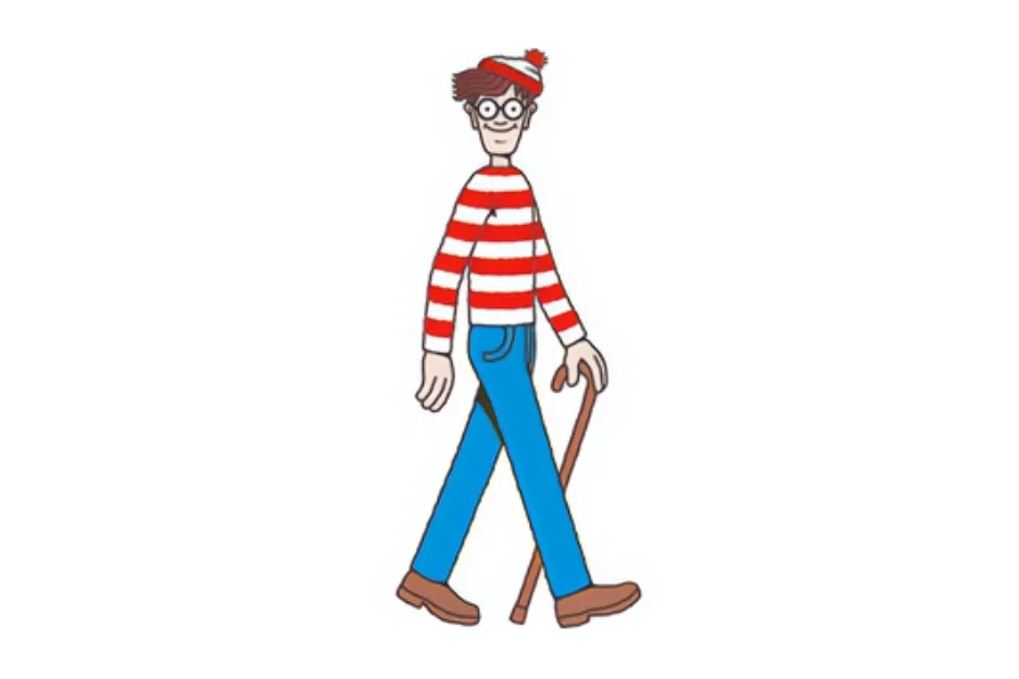 Wally (Waldo) in his iconic red and white striped shirt, blue jeans, and bobble hat, carrying a walking stick.