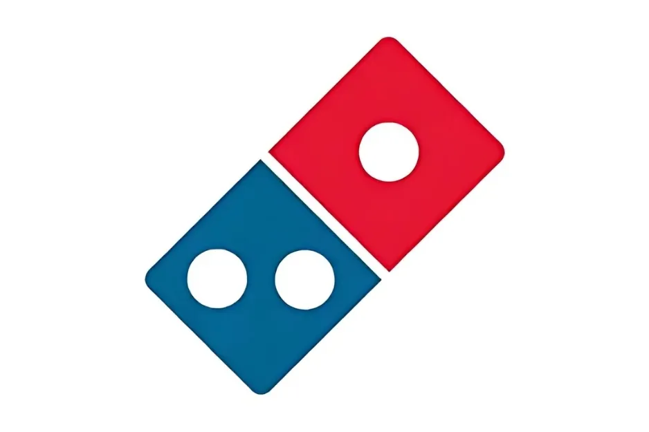 The authentic Domino's Pizza logo, featuring a red square with one white dot and a blue square with two white dots.