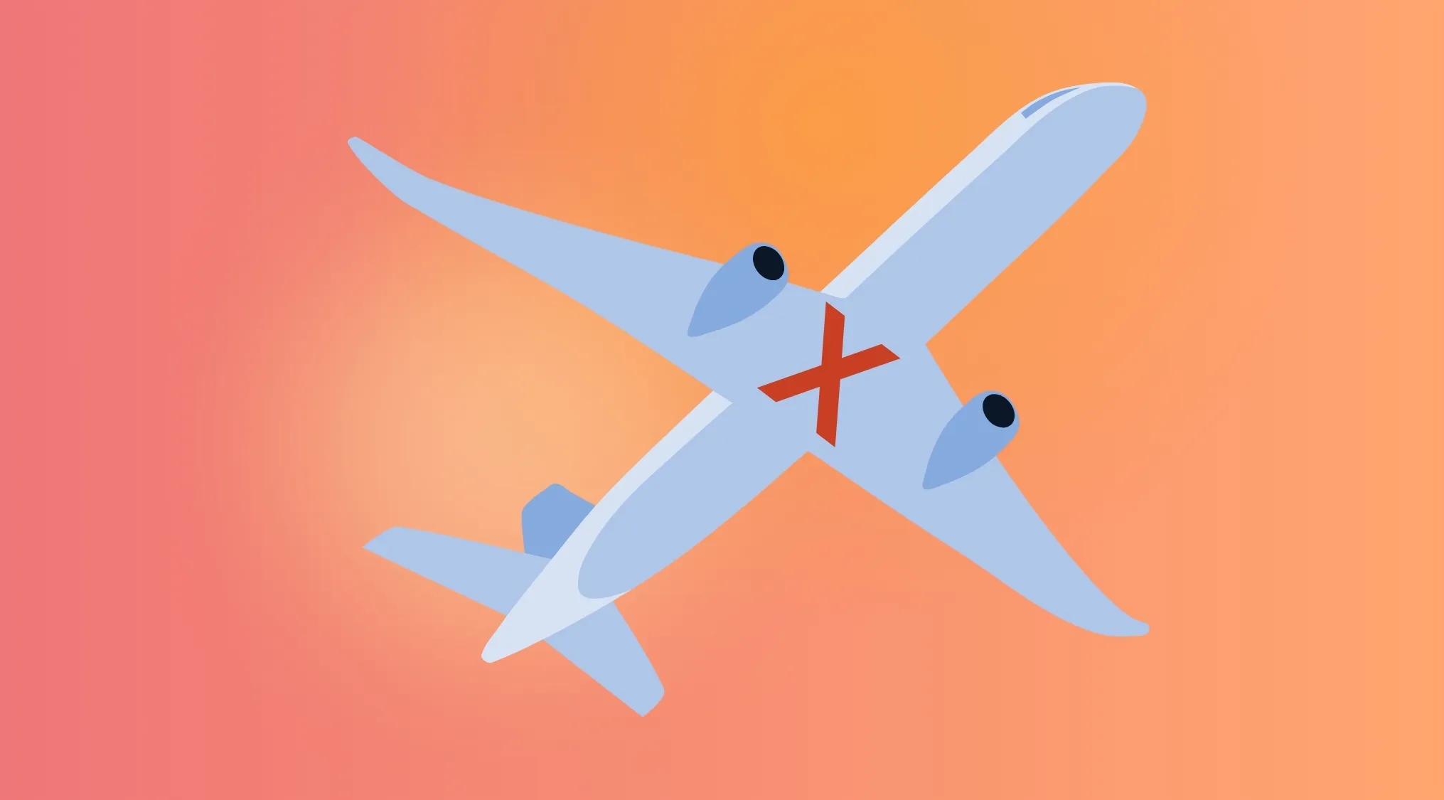 An illustration of a light blue airplane with a red X on its body, flying against an orange-pink gradient background, part of a Rebus Quiz. Solve the rebus.
