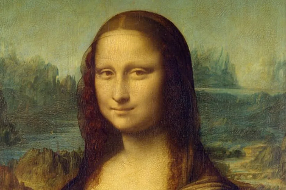 A close-up of the Mona Lisa painting, featuring her famous enigmatic smile. Discover the real Mona Lisa painting.
