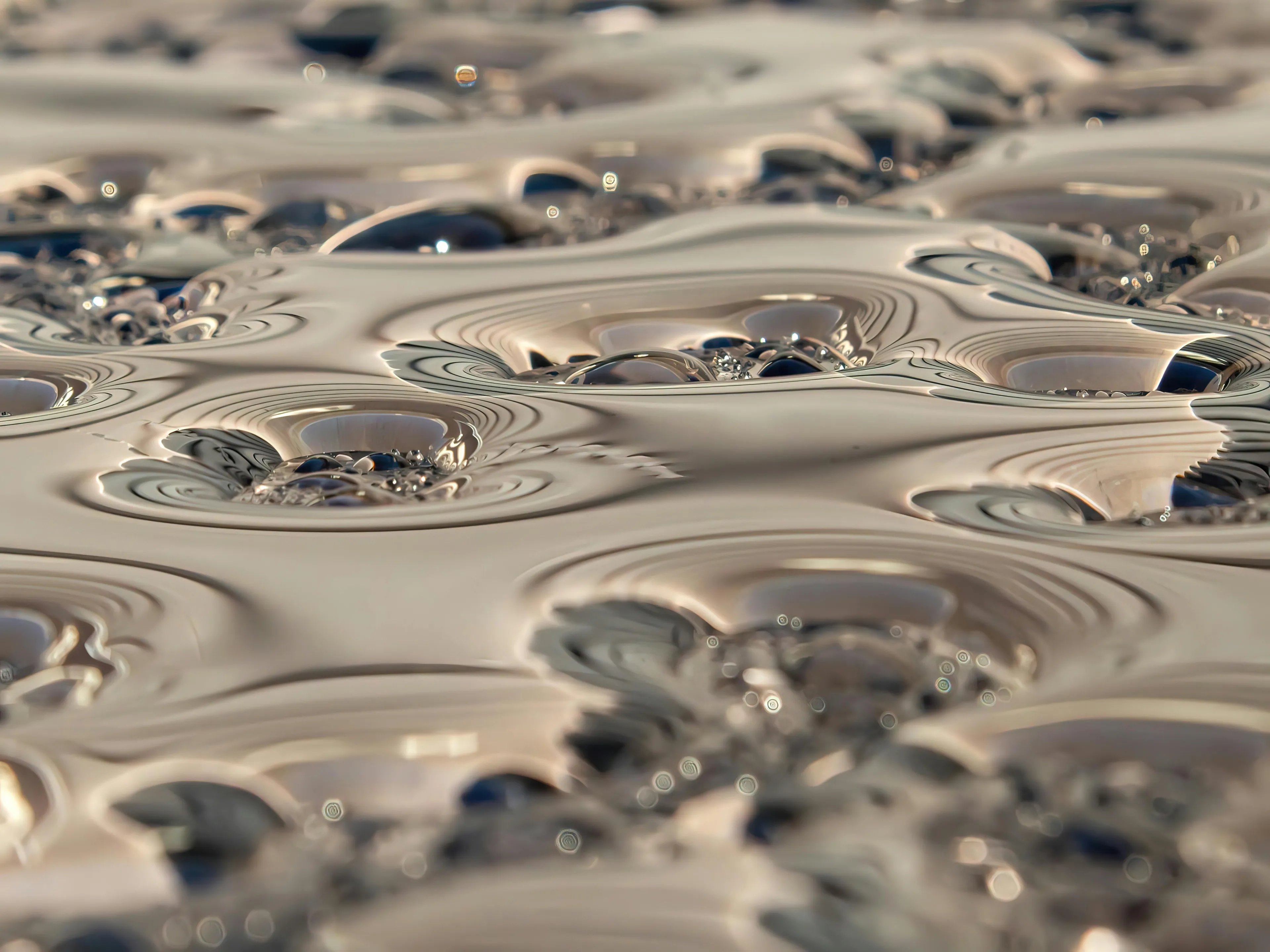 Close-up of a liquid metal surface with ripples and reflections, demonstrating which metals are liquid at room temperature. General knowledge.