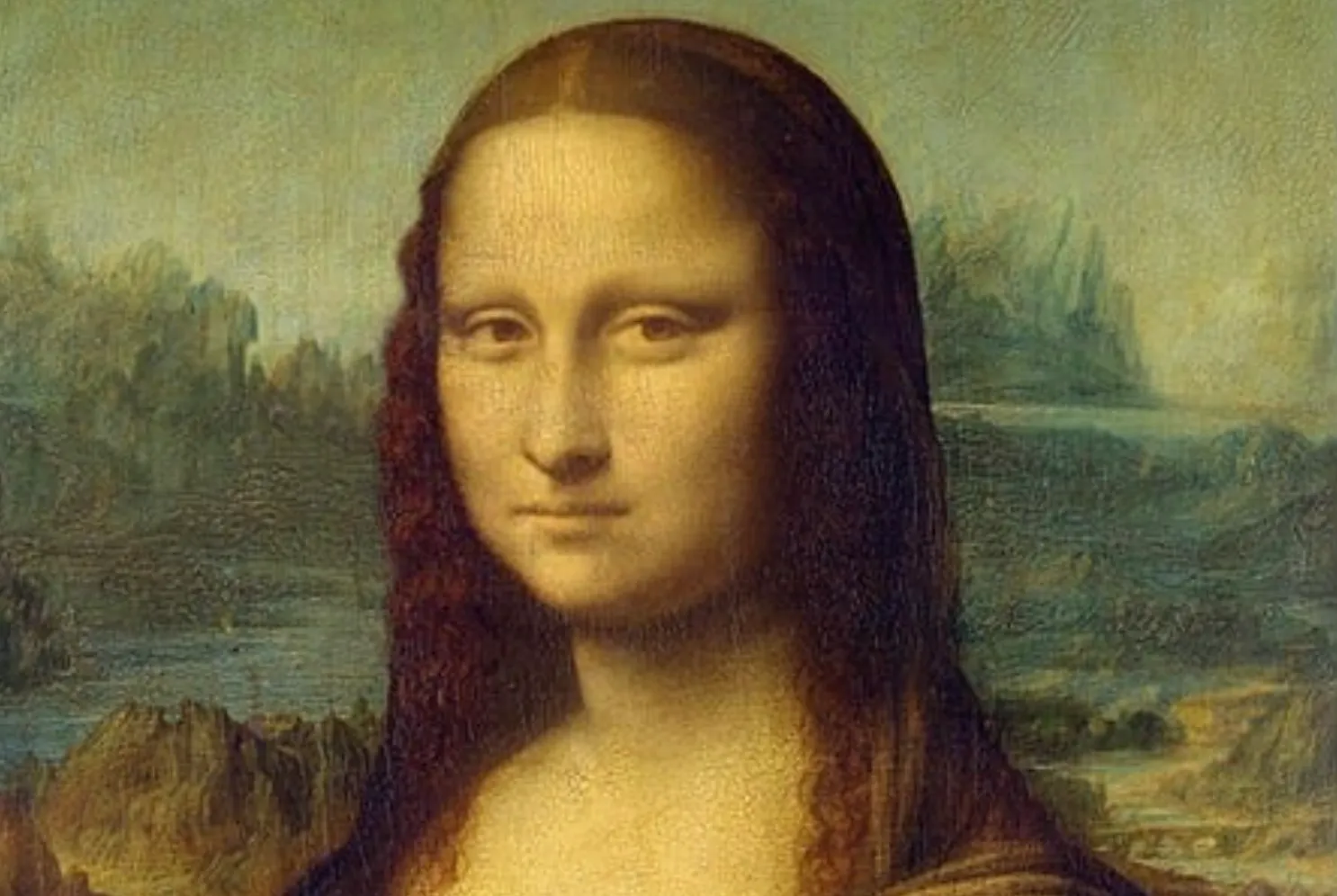 Close-up of the Mona Lisa painting, a woman with a subtle smile and long dark hair, against a cloudy landscape.