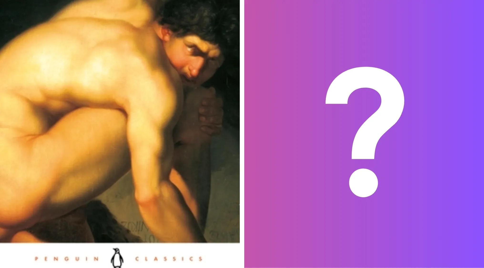 Penguin Classics cover of Frankenstein next to a large white question mark on a purple background for General Knowledge.