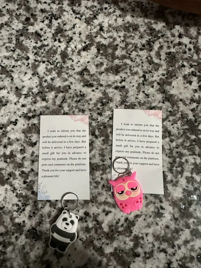 Small thank you notes and keychains demonstrating consumerism and price difference in new pics.
