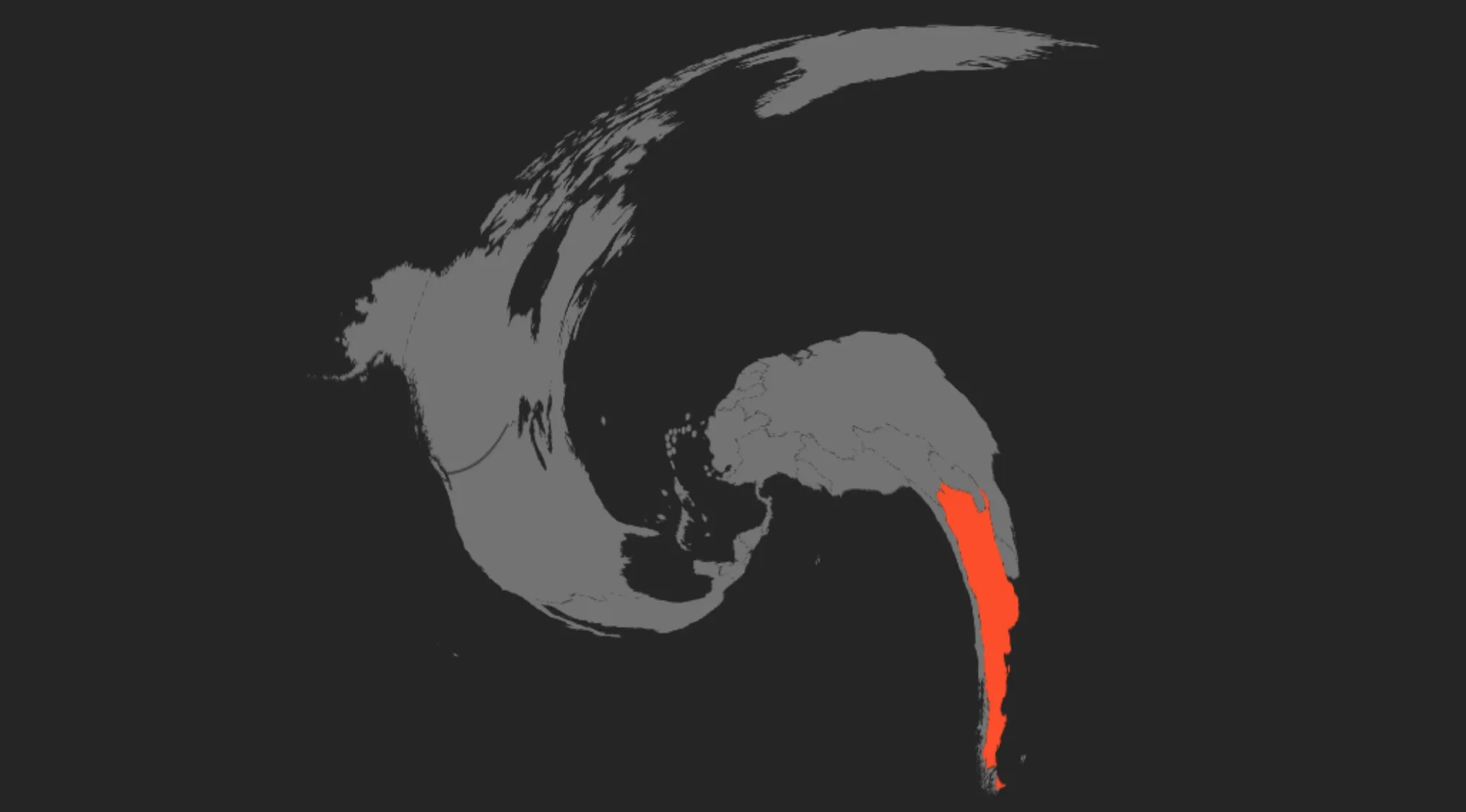 A twisted map highlighting a South American country in red. Geography challenge to guess the country.