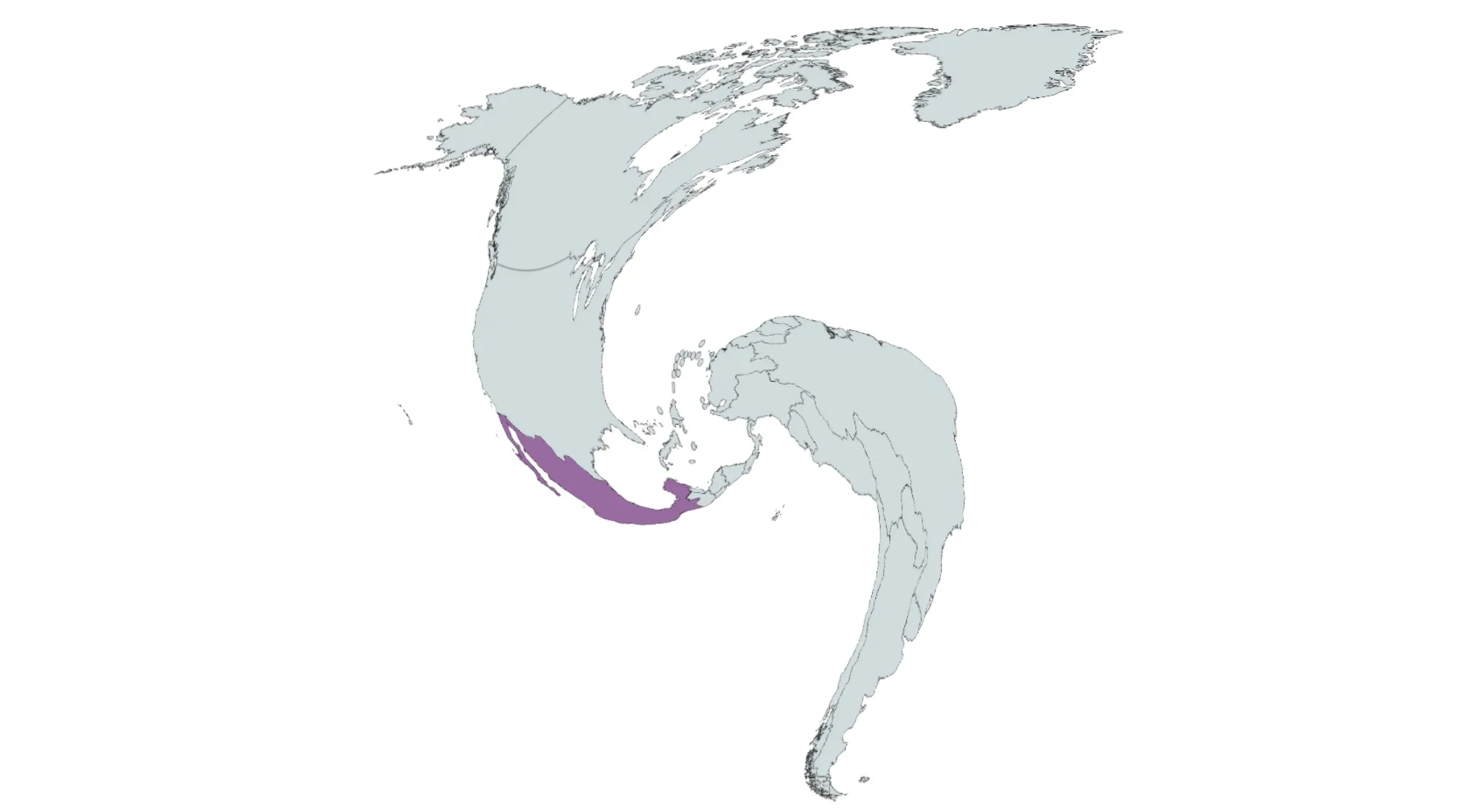 A crazy map of the Americas, with Mexico highlighted in purple, challenging viewers to guess the country.