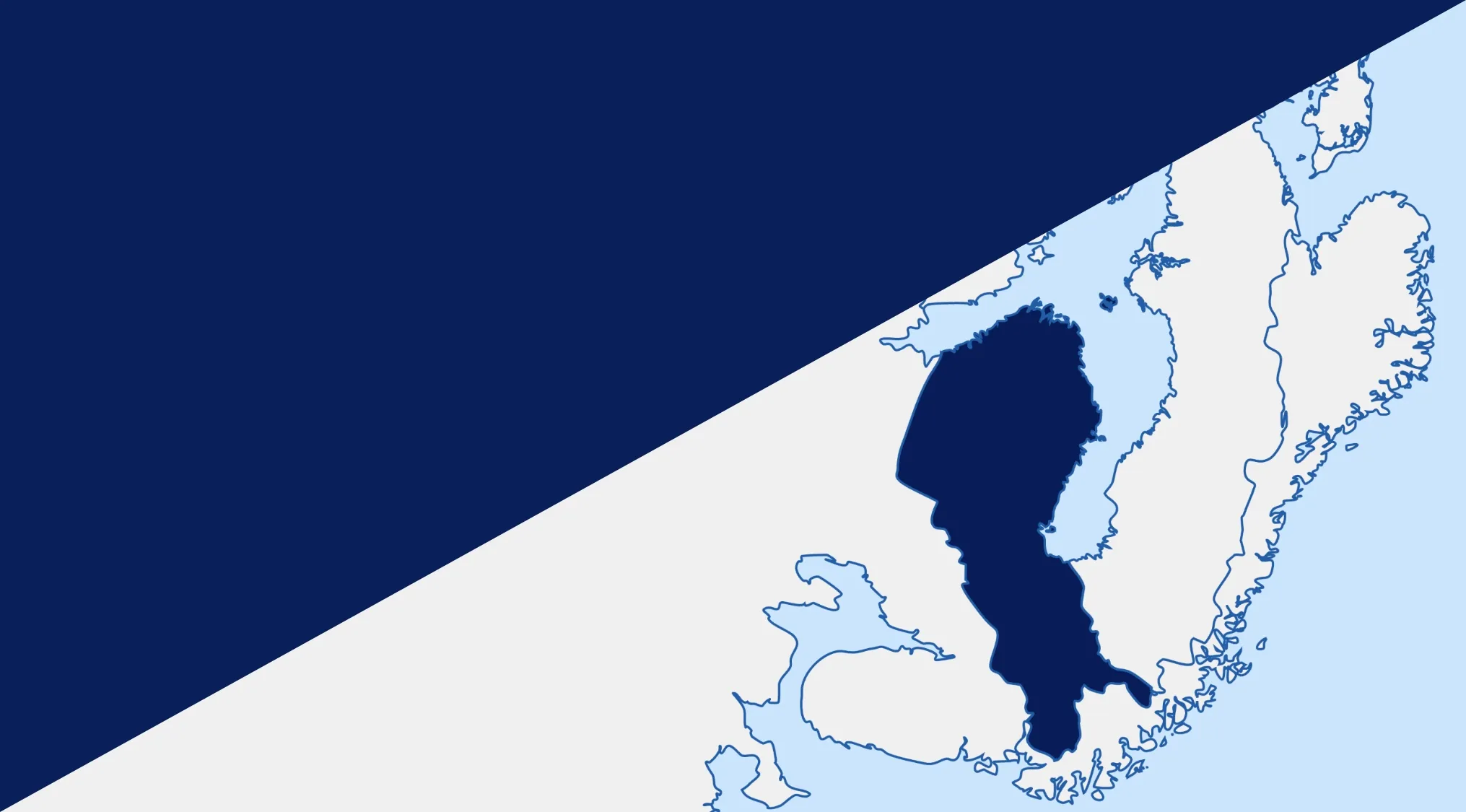 Geography challenge: A dark blue map of Sweden, surrounded by lighter blue waters and land, asking to guess the country.