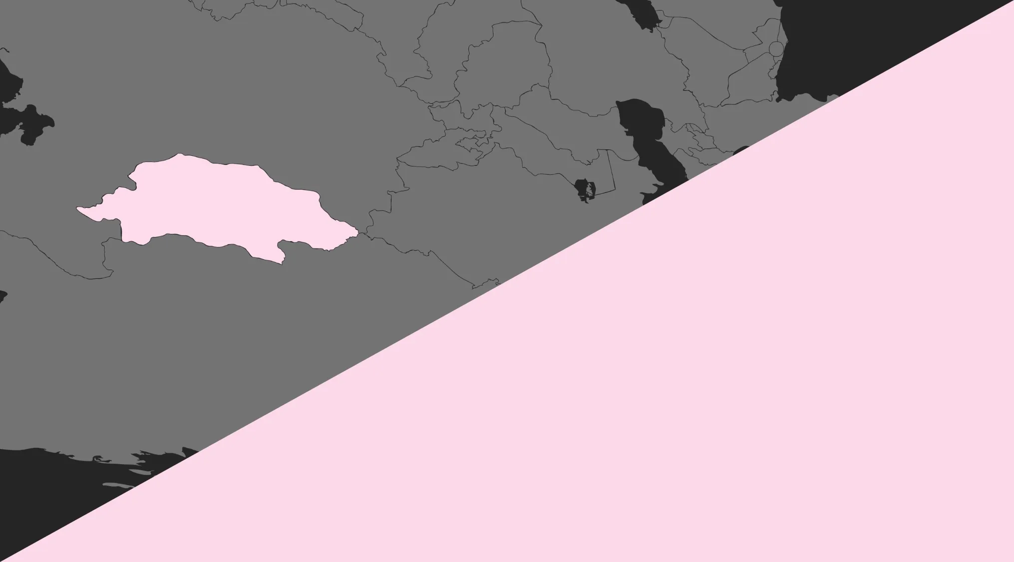 Geography Challenge map: part of a world map in gray, with one country highlighted light pink, diagonal pink section. Guess the country!