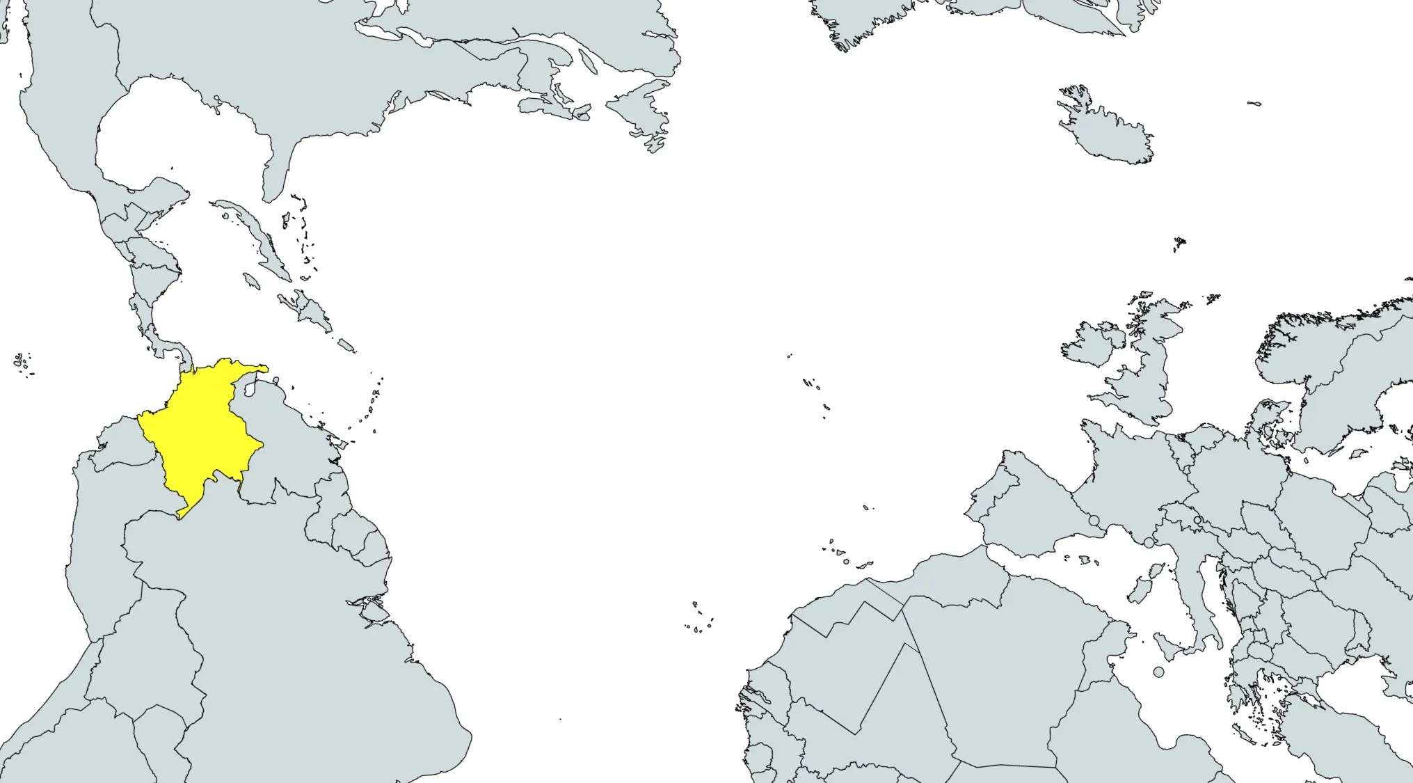 A global map with one country highlighted in yellow for a Geography Challenge. Guess the Country.